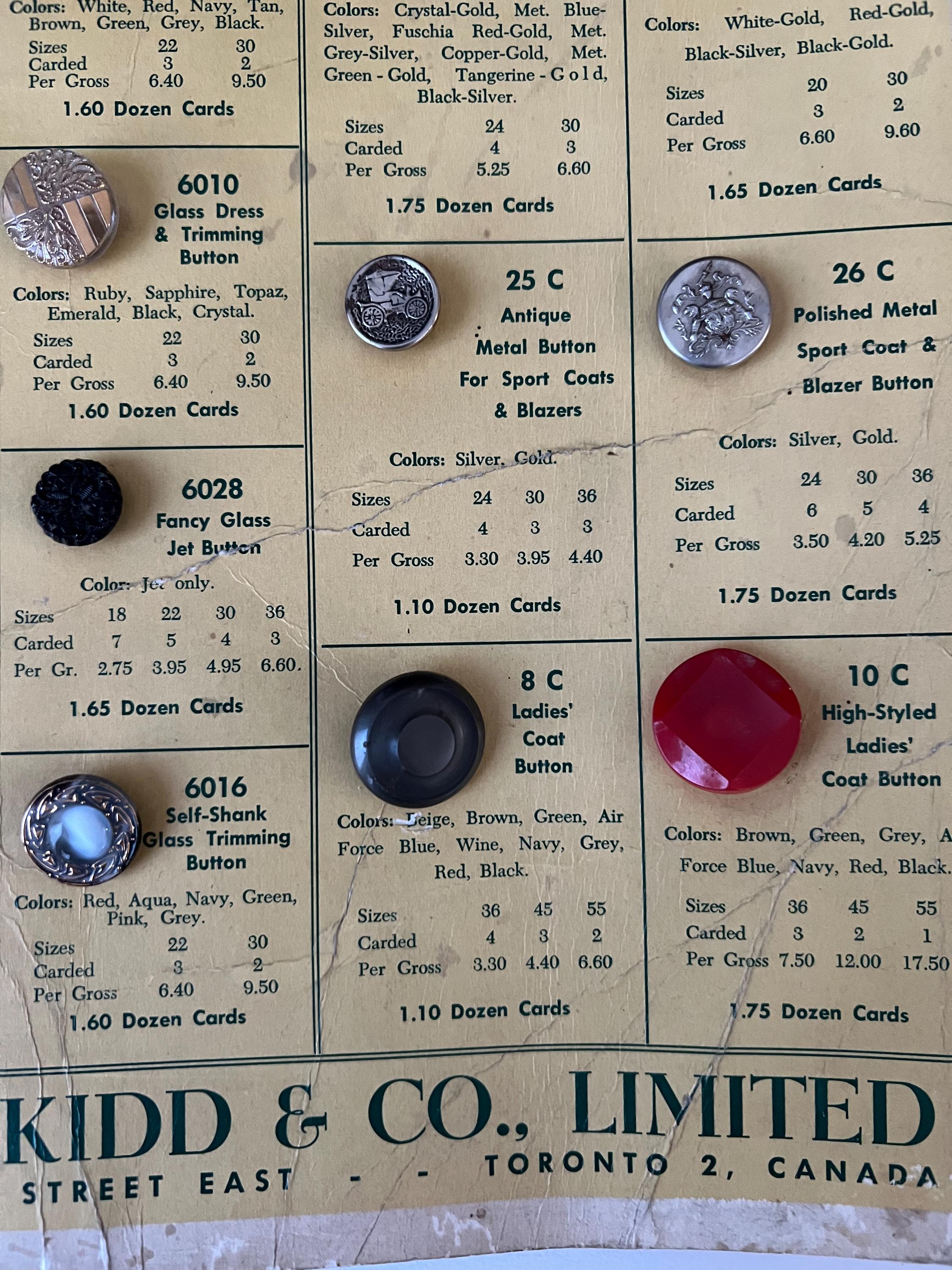 Button Salesman Sample Card, H.A. Kidd & Co Button Sample Card ...
