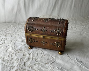 Antique Leather Bound Casket with Nail Head Details, Victorian French Perfume Bottle Casket