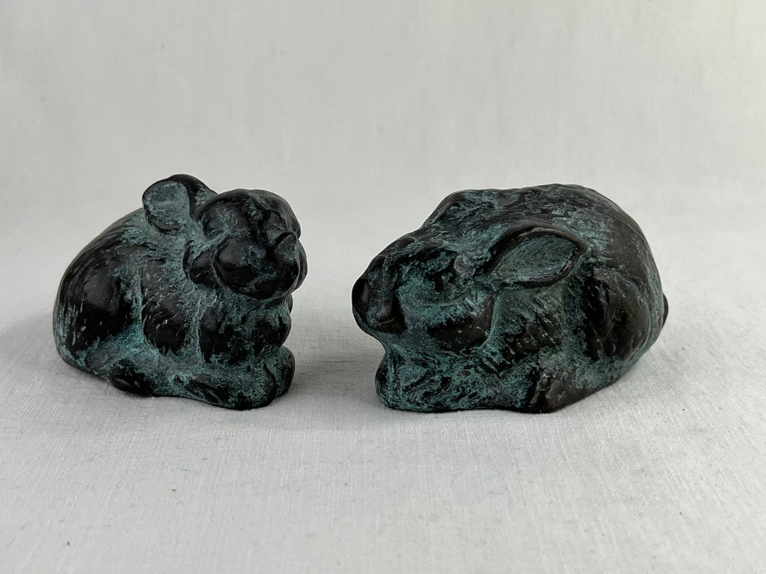 Two Cast Metal Crouching Bunny Sculptures With Verdigris, Cast Brass ...