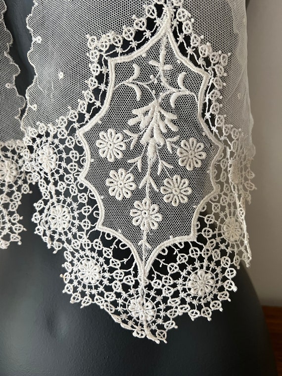 Vintage Net Lace Embroidered Scarf, Lace Scarf - image 3