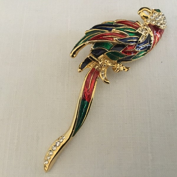 Gold Tone Swarovski Crystal and Enamel Tropical Parrot Brooch, Vintage Parrot Brooch