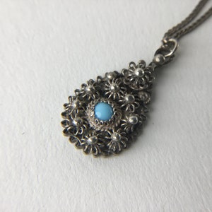 Delicate Filigree Pendant With Turquoise Colour Glass Stone and Sterling Chain
