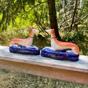 Pair of Staffordshire Greyhound/Whippet Dogs on Cobalt and Gilt Cushions, Staffordshire porcelain, Staffordshire figurines
