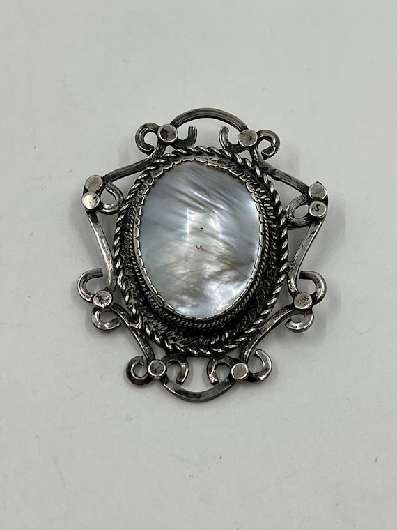 Arts and Crafts Silver and Mother of Pearl Brooch, Artisan Arts and Crafts Style Jewelry