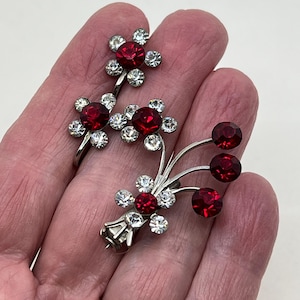 Ruby Red and Crystal Flower Brooch and Earrings, Vtg Rhinestone Demi-Parure