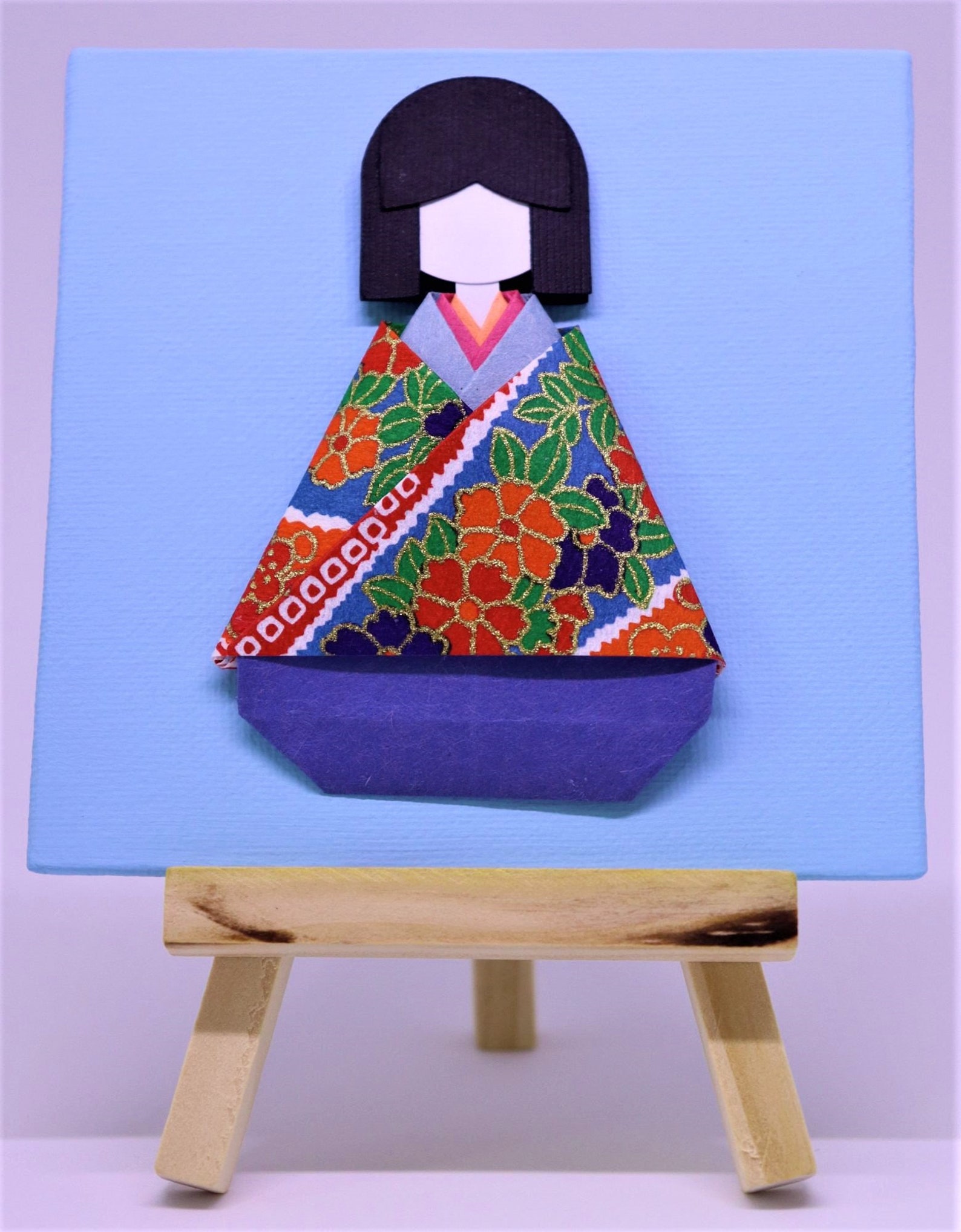 Origami Doll Art on Mini Canvas with display easel and Etsy