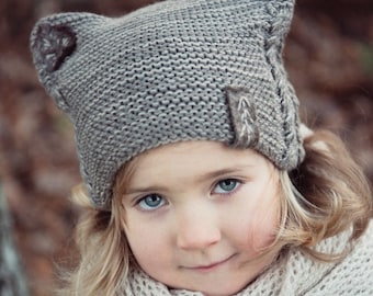 Cat beanie with ears warm hat knit baby alpaca hat