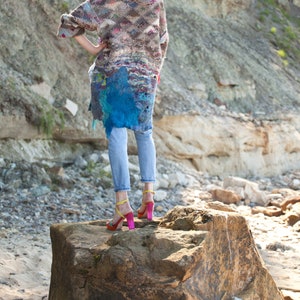 Multicolored chunky hand knit oversized pullover sweater with felted decor image 8