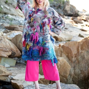 Multicolored chunky hand knit oversized pullover sweater with felted decor image 3