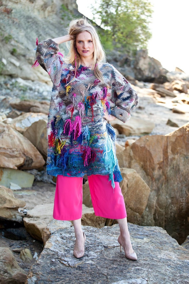 Multicolored chunky hand knit oversized pullover sweater with felted decor image 3