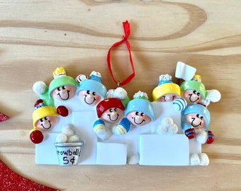 Family Of 8 Personalized Snowball Fight Family Christmas Ornament