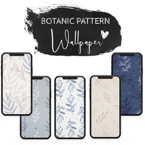 Könnte beinhalten: Fünf verschiedene Handy-Hintergründe mit einem botanischen Muster. Die Muster zeigen blaue und beige Blätter und Punkte auf weißem Hintergrund.