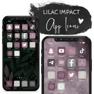 May include: Two images of a smartphone screen with app icons. The icons are square and have a lilac colour with white outlines. The background of the first image is black with green leaves. The background of the second image is a purple watercolour design. The text "LILAC IMPACT App Icons" is at the top of the image.