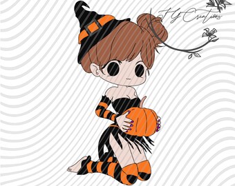 Chibi, Halloween, mignon, sorcière, citrouille, svg, png, numérique, télécharger