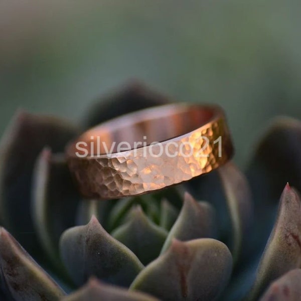 Gehamerde heldere koperen ring, 6 mm brede rustieke textuur puur koperen stapelringen, koperen sieraden