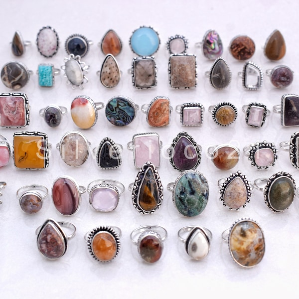 Jasper, Quartz Natural Multi Gemstone Ring, Wholesale Lot Mix Shape ALL US Size 6" to 10",Gemstone 925 Silver Plated Ring Jewelry