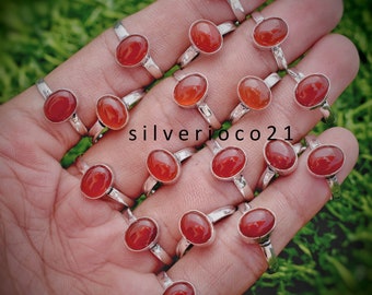 Natural Carnelian Gemstone Rings, 925 Silver Plated Rings, Wholesale Gemstone Rings Lot, Woman Rings Jewelry Lot Size 6 To 10