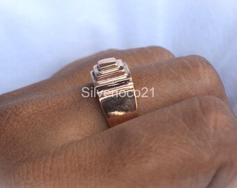 Pure Copper Signet Ring, Unisex Band, Step Design