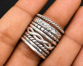 8-teiliges Set aus strukturierten Stapelringen aus Sterlingsilber, Boho-Musterringe, handgefertigter Schmuck