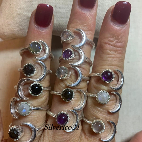 Sun-Moon Ring, Natural Multi Gemstone Band Ring, Lot Mix Shape ALL US Size 6" to 10",Gemstone 925 Silver Plated Ring Jewelry, Handmade Rigs