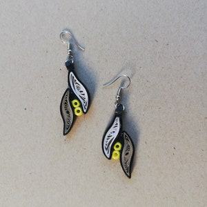 Handmade quilling paper earrings. Black, white, grey paper strips with yellow pearls. Lightweight, waterproof. Nickel free earring hook