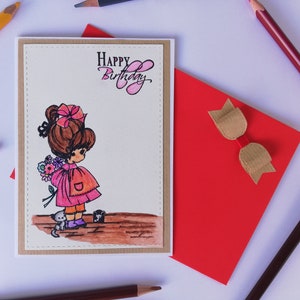 Carte à l’aquarelle. Heureux anniversaire. Fille de fleur. Fille douce avec des fleurs. Bouquet d’anniversaire. Carte A6. Fond naturel. Enveloppe incluse