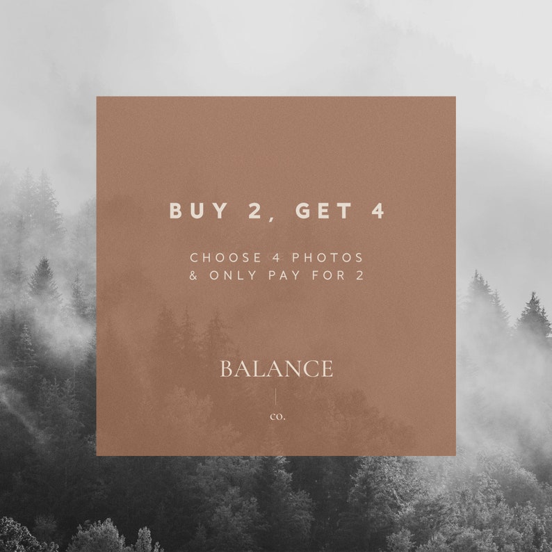 May include: A brown rectangle with white text that reads "BUY 2, GET 4 CHOOSE 4 PHOTOS & ONLY PAY FOR 2 BALANCE CO."