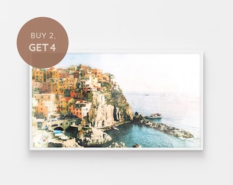 Samsung Frame TV Art, Cinque Terre Painting, Manarola Italy, Watercolor Italy Art, Coastal Samsung Art, Europe Digital Art, Tv Download