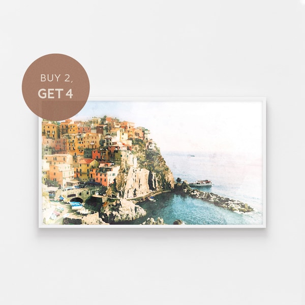 Samsung Frame TV Art, Cinque Terre Painting, Manarola Italy, Watercolor Italy Art, Coastal Samsung Art, Europe Digital Art, Tv Download