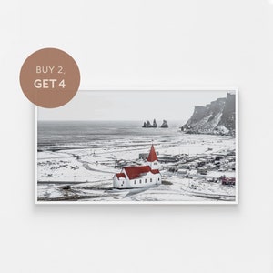 Samsung Frame TV Art, Iceland Vik, Nordic Art for Tv, Winter Village, Iceland Digital Art, Moutain Landscape, Cliff Ocean Photo, The Frame