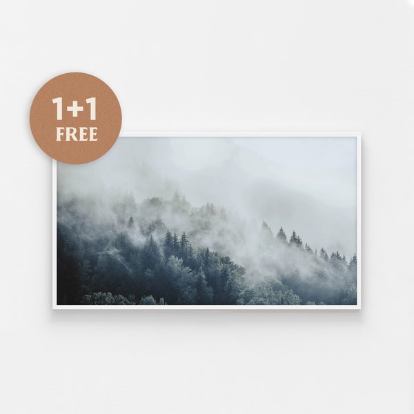 Samsung Frame TV Art, Evergreen Trees, Digital Download, Winter Art Print for Digital TV, Foggy Forest, Nordic Scandinavian Landscape Nature