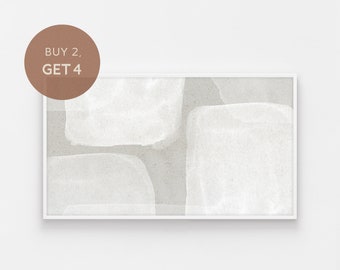 May include: Abstract art print with a white frame. The print features a light gray background with overlapping white shapes.