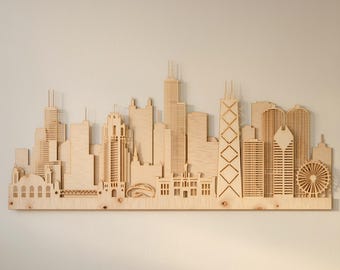 Chicago Skyline SVG | 4-lagige Stadtansicht-Laserschnittdatei | Glowforge xTool LightBurn | Wandbild aus Holz | SVG, DXF, EPS, PDF