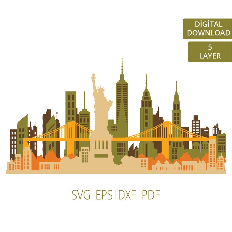 K&ouml;nnte beinhalten: Ein digitaler Download eines 5-lagigen Silhouette-Designs der New Yorker Skyline mit der Freiheitsstatue, der Brooklyn Bridge und verschiedenen Wolkenkratzern in Braun-, Gr&uuml;n- und Gelbt&ouml;nen.