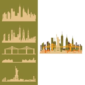 K&ouml;nnte beinhalten: Eine stilisierte Illustration der Skyline von New York City mit der Freiheitsstatue, der Brooklyn Bridge und mehreren Wolkenkratzern in Gr&uuml;n-, Orange- und Gelbt&ouml;nen.