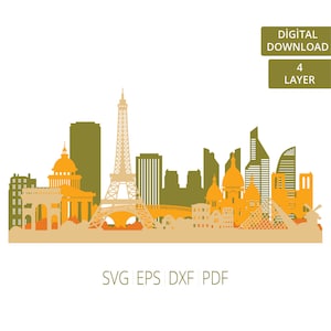 Paris 4 couches Svg | Ligne d'horizon de Paris Svg | Svg ville en couches | Projets de découpe laser | Fichiers Dxf superposés | Célèbre ville