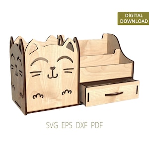 Estojo de Lápis de Gato Fofo Svg | Organizador de Lápis Svg | Svg de Corte a Laser | Projetos de Corte a Laser | Arquivos MDF Dxf | Projetos de Corte a Laser para Crianças
