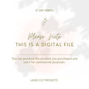 K&ouml;nnte beinhalten: Ein Hinweis auf den Download einer digitalen Datei mit dem Text "Bitte beachten Sie, DASS DIESE DATEI DIGITAL IST. Sie k&ouml;nnen das Produkt, das Sie gekauft haben, herstellen und f&uuml;r kommerzielle Zwecke verwenden." Der Text ist in einer handschriftlichen Schriftart gehalten und von einem hellrosa Hintergrund mit einem Schatteneffekt umgeben. Der Text "ST ART PRINTS" und "LASER CUT PROJECTS" ist ebenfalls im Bild enthalten.