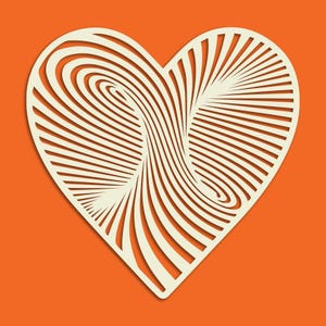 May include: Cream-colored heart shape with a swirling, striped design, set against an orange background. The heart's interior features curved lines that create a sense of depth and movement, giving it a 3D effect.