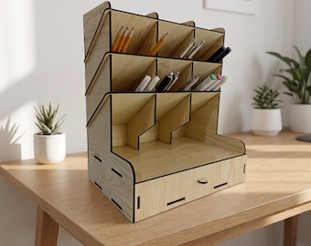 Organizador de escritorio SVG, portalápices (archivo de corte láser), almacenamiento de escritorio de madera, organizador de oficina, DXF EPS