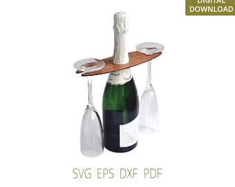 May include: Wooden champagne bottle and glass holder. The holder is brown and has two slots for glasses. A bottle of champagne is in the holder.