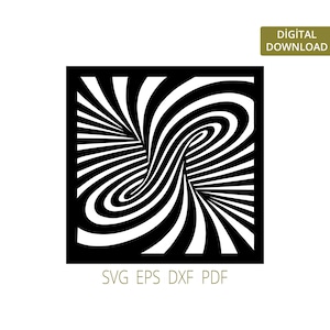 Puede incluir: Diseño de ilusión óptica en blanco y negro en un marco cuadrado. El diseño presenta líneas curvas que crean un efecto 3D. Las palabras "DESCARGA DIGITAL" están en un rectángulo dorado. Debajo, las palabras "SVG EPS DXF PDF".