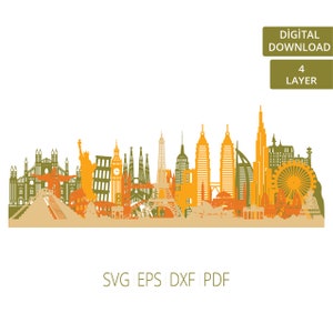 World 4 Layer Svg | World Skyline Svg | Layered City Svg | Projetos de corte a laser | Arquivos Dxf em camadas | Skyline de cidade famosa