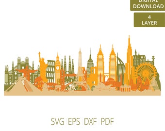 World Skyline Layered SVG: Laser geschnittenes Stadtbild (Digitaler Download)