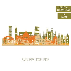 Italië 4 laag Svg | Italië Skyline Svg | Gelaagde stad SVG | Lasergesneden projecten | Gelaagde Dxf-bestanden | Beroemde skyline van de stad