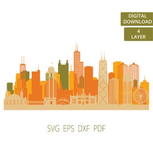Chicago 4-Schicht-Svg | Chicago Skyline | Geschichtete Stadt SVG | Laser Cut Projekte | Geschichtete Dxf-Dateien | Berühmte Stadtsilhouette