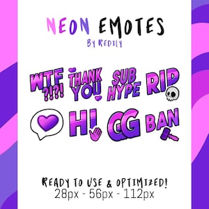 Violet and Pink Neon Emotes x 8 - Pack for Twitch - GG - WTF - Thank You - Sub Hype - RIP - Love note - Hi - Ban Emote