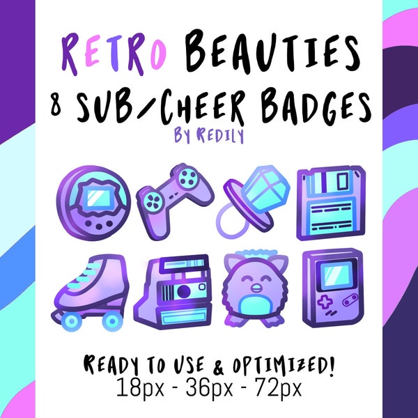 8 Neon Retro Sub / Cheer bit Badges for Twitch, Youtube and more!