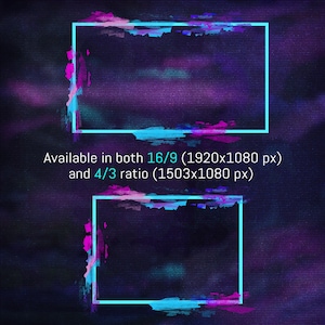 Op de afbeelding: Twee abstracte neonblauwe en roze frames op een donkerpaarse achtergrond met de tekst "Beschikbaar in zowel 16/9 (1920x1080 px) als 4/3 (1503x1080 px)"