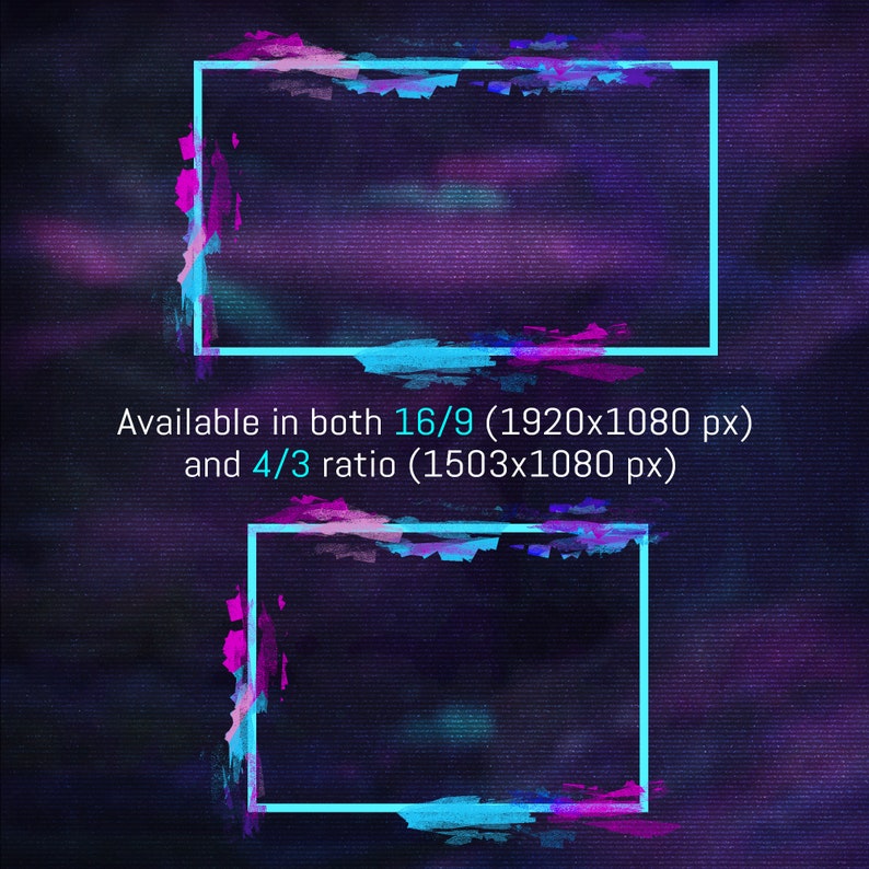 Op de afbeelding: Twee abstracte neonblauwe en roze frames op een donkerpaarse achtergrond met de tekst "Beschikbaar in zowel 16/9 (1920x1080 px) als 4/3 (1503x1080 px)"